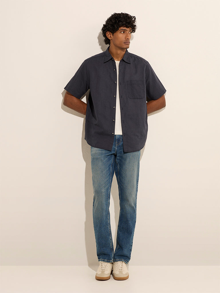 Westside WES Casuals Men's Navy Relaxed-Fit Linen-Blend Shirt for Casual Wear Full View