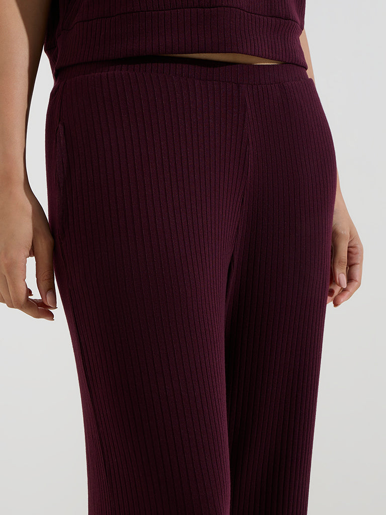 Wunderlove Plum Ribbed High-Rise Cotton-Blend Lounge Pants
