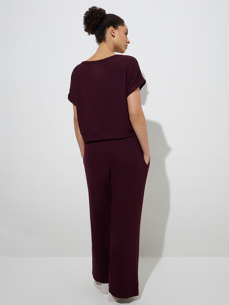 Wunderlove Plum Ribbed High-Rise Cotton-Blend Lounge Pants