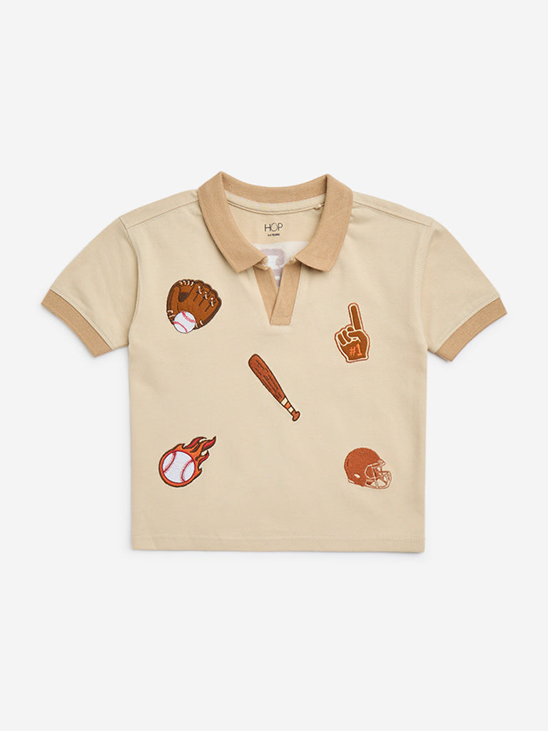 HOP Kids Beige Baseball-Themed Cotton T-Shirt