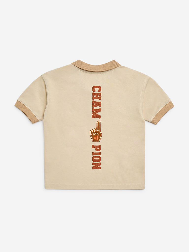 HOP Kids Beige Baseball-Themed Cotton T-Shirt