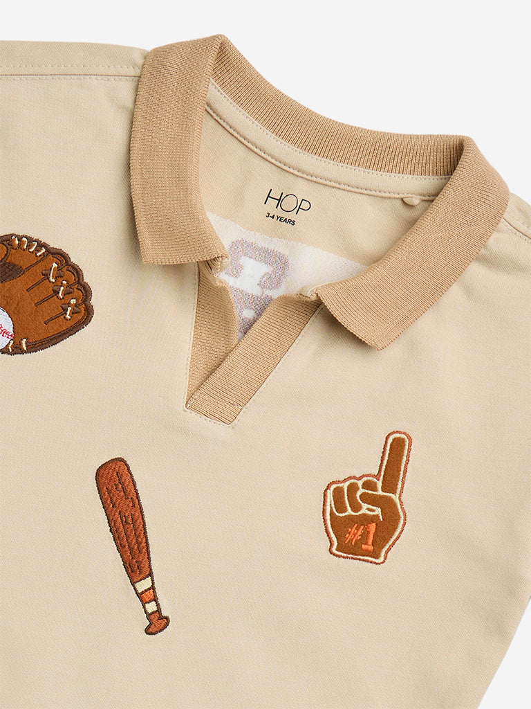 HOP Kids Beige Baseball-Themed Cotton T-Shirt