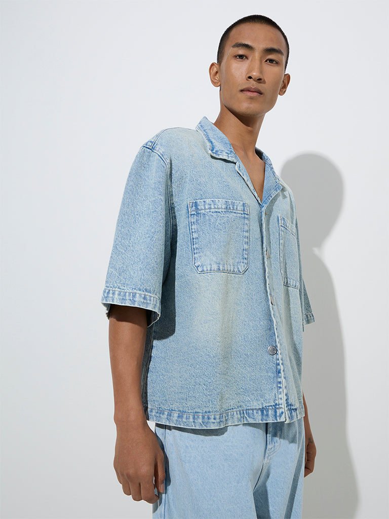 Westside Nuon Men's Blue Faded Relaxed-Fit Denim Shirt for Casual Wear Front View