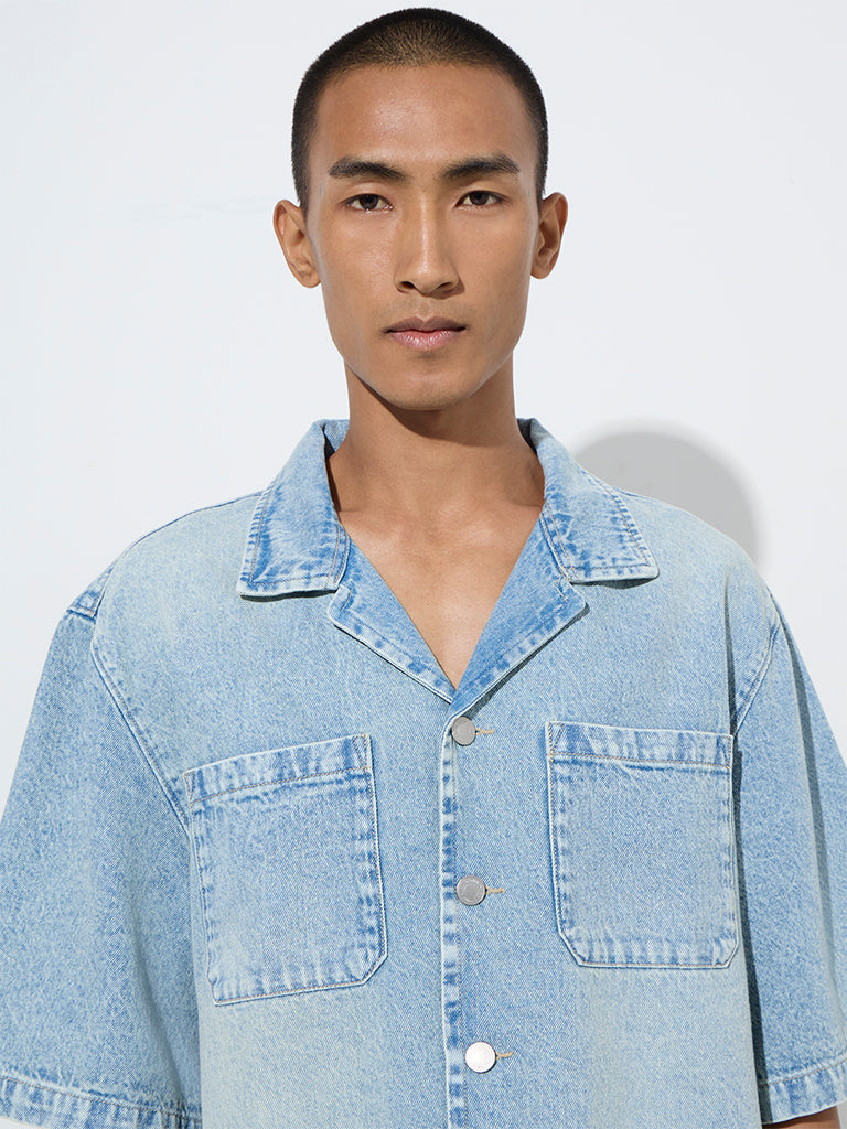 Westside Nuon Men's Blue Faded Relaxed-Fit Denim Shirt for Casual Wear Zoomed View