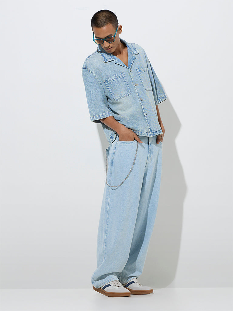 Westside Nuon Men's Blue Faded Relaxed-Fit Denim Shirt for Casual Wear Full View