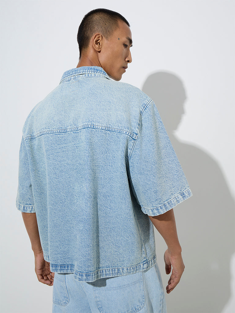 Westside Nuon Men's Blue Faded Relaxed-Fit Denim Shirt for Casual Wear Back View