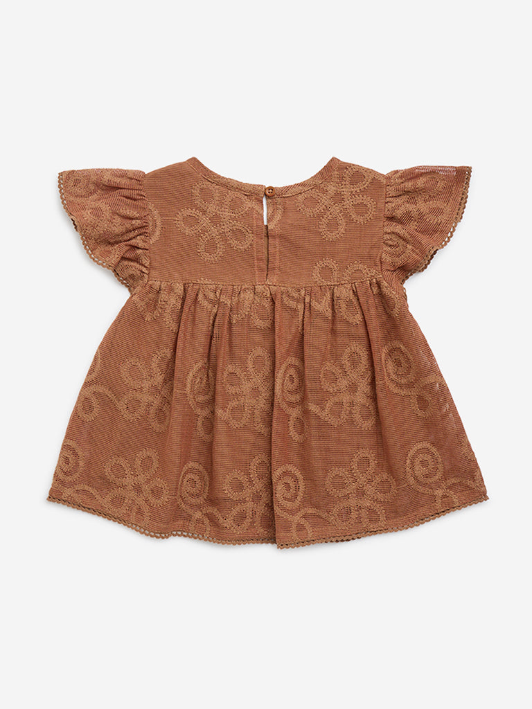 HOP Kids Brown Embroidered Cotton-Blend Peplum Top