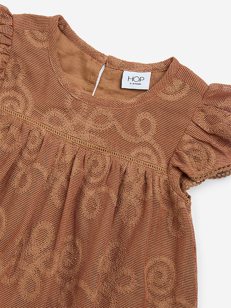 HOP Kids Brown Embroidered Cotton-Blend Peplum Top