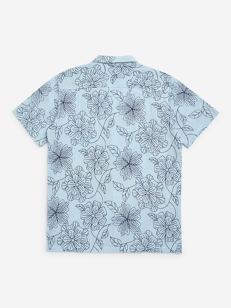 Y&F Kids Light Blue Floral Design Cotton Shirt
