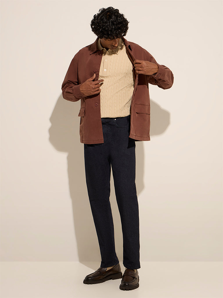 westisde Ascot Men's Brown Relaxed-Fit Cotton-Blend Jacket for Casual Wear Full Model View
