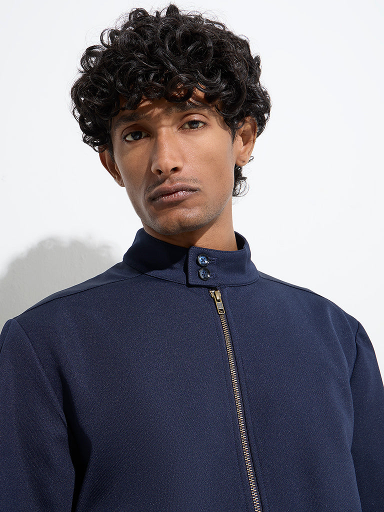 WES Formals Navy Solid Slim-Fit Jacket