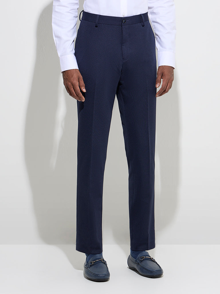 WES Formals Navy Solid Slim-Fit Mid-Rise Trousers
