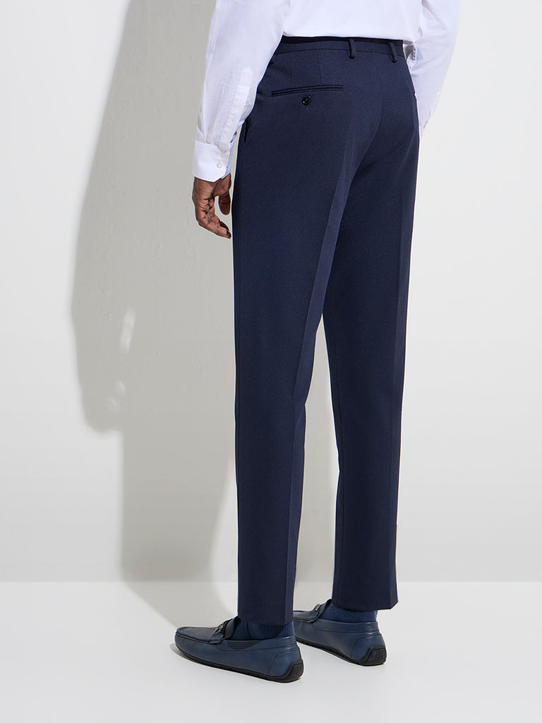 WES Formals Navy Solid Slim-Fit Mid-Rise Trousers