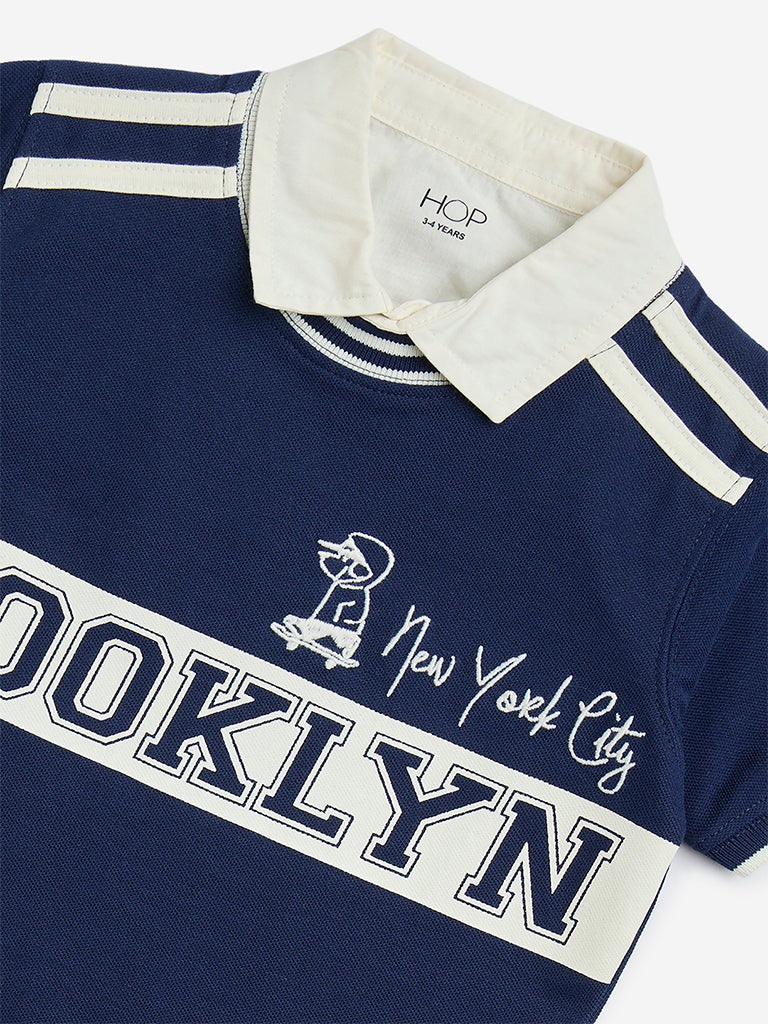 HOP Kids Navy Text Printed Cotton T-Shirt