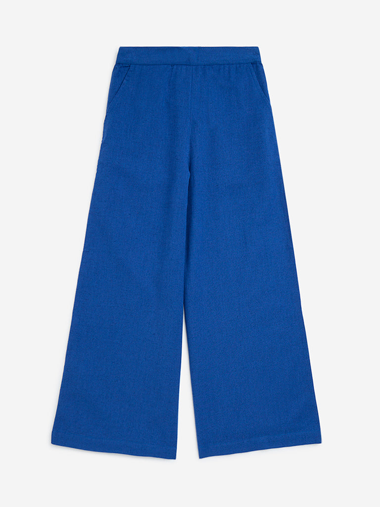 Utsa Kids Blue Solid Cotton-Blend Palazzos - (8-14yrs)