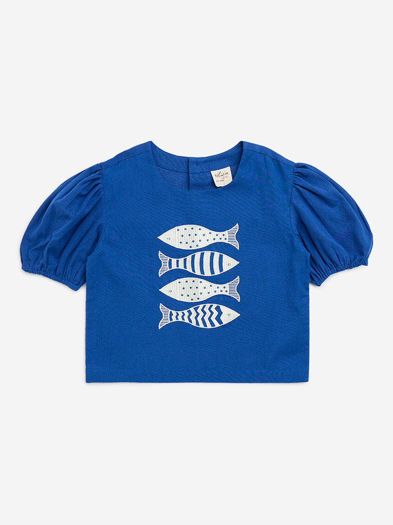 Utsa Kids Blue Fish Embroidered Cotton-Blend Top - (8-14yrs)