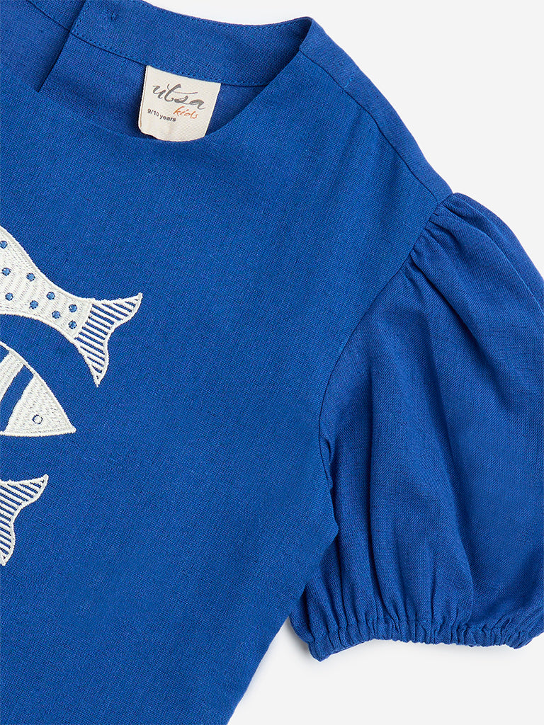 Utsa Kids Blue Fish Embroidered Cotton-Blend Top - (8-14yrs)