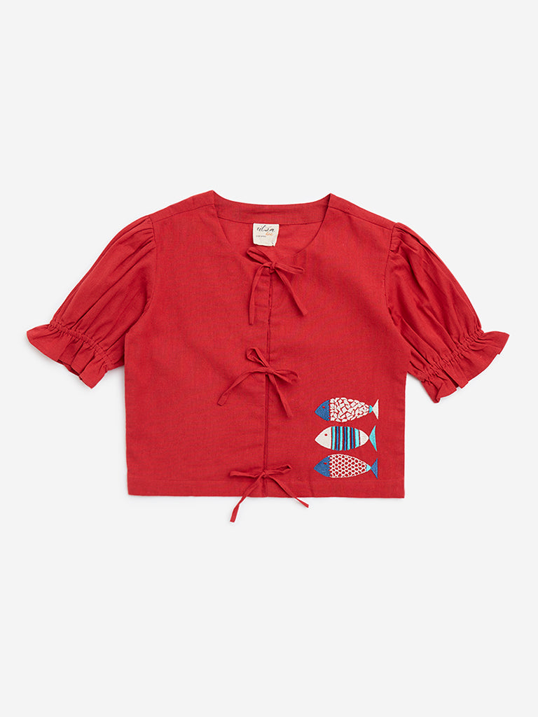 Utsa Kids Red Fish Embroidered Cotton-Blend Top - (8-14yrs)