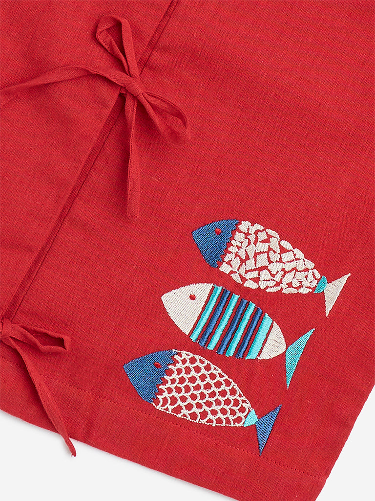 Utsa Kids Red Fish Embroidered Cotton-Blend Top - (8-14yrs)