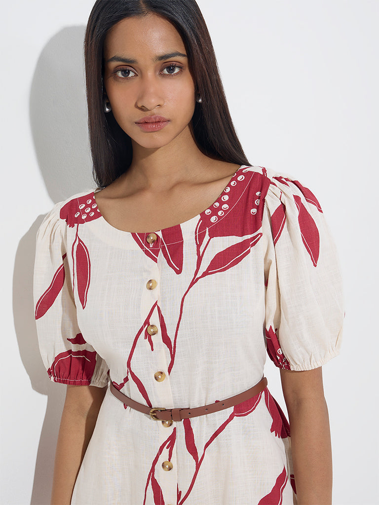 Utsa Off-White Anar Design Asymmetrical Cotton Dress