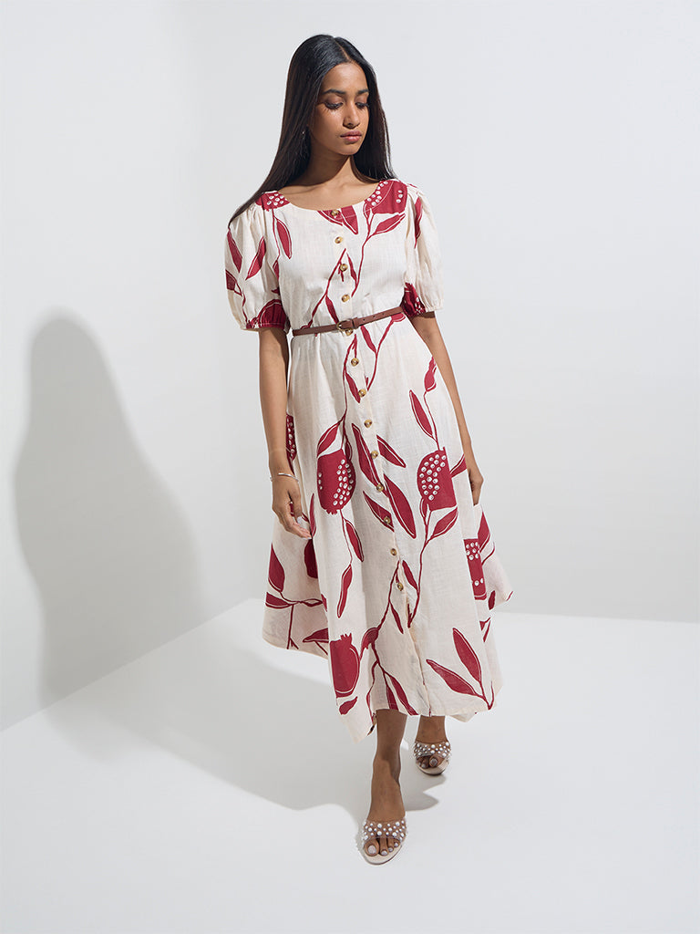 Utsa Off-White Anar Design Asymmetrical Cotton Dress