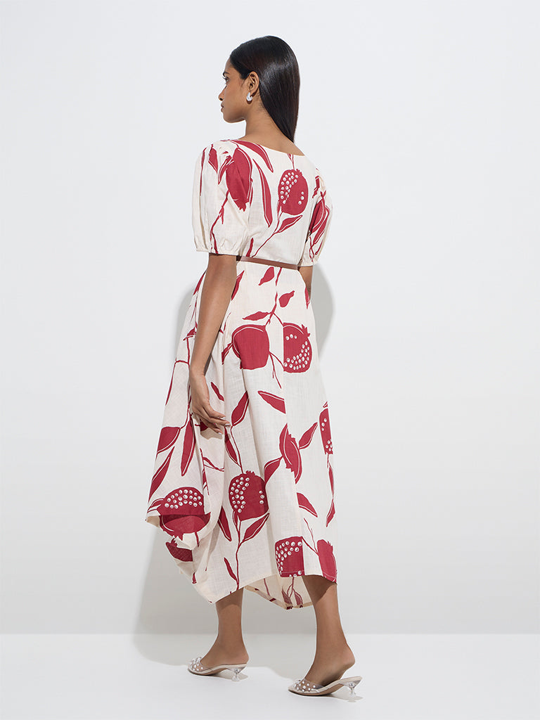 Utsa Off-White Anar Design Asymmetrical Cotton Dress