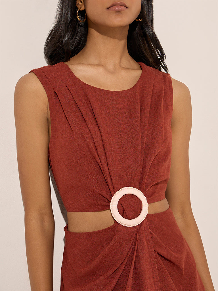 LOV Rust Cut-Out Detailed Linen-Blend A-Line Dress