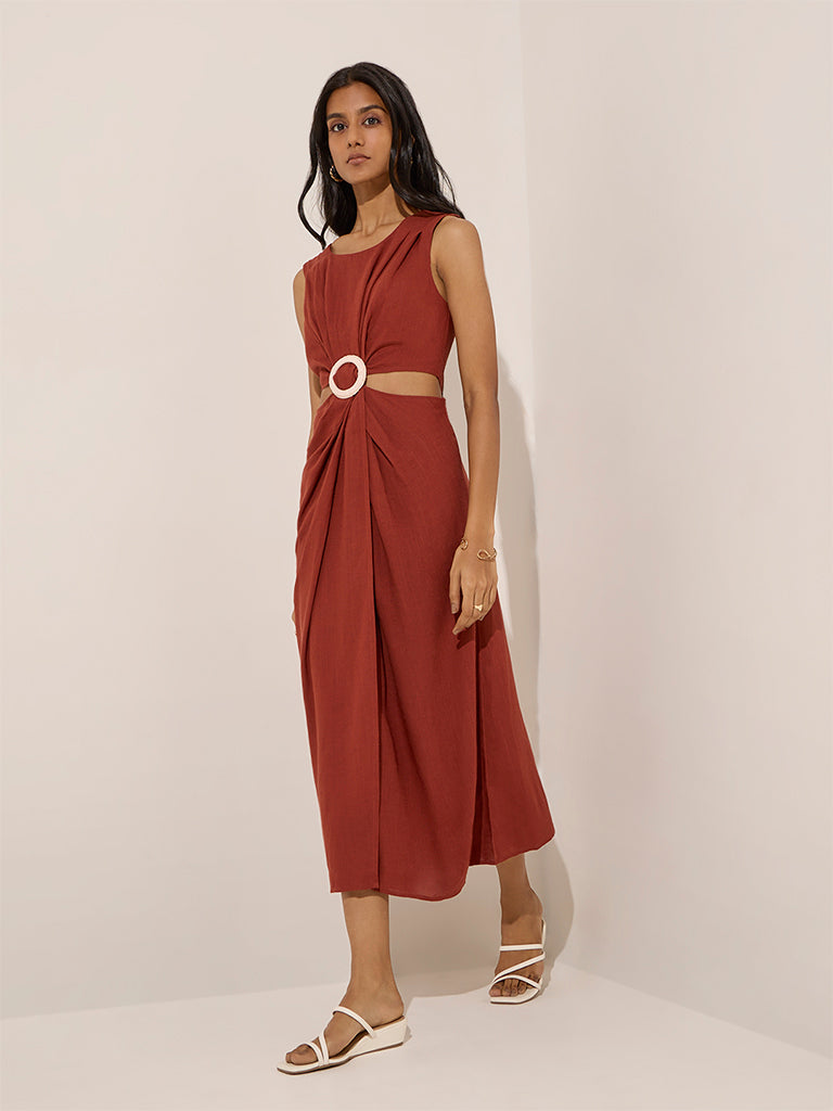 LOV Rust Cut-Out Detailed Linen-Blend A-Line Dress