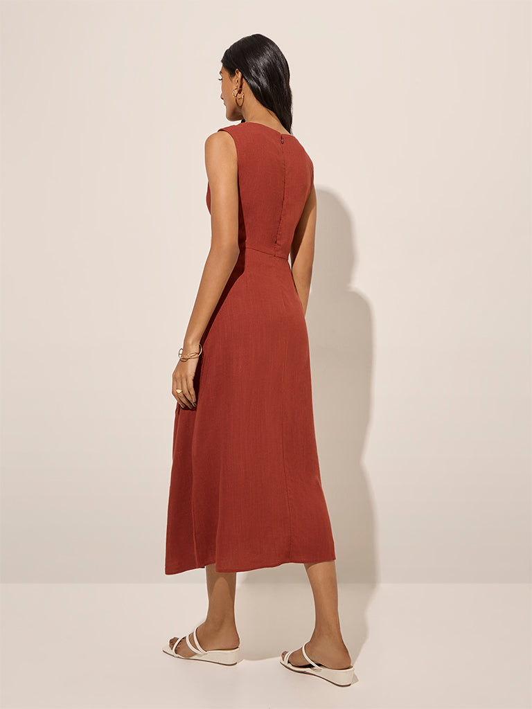 LOV Rust Cut-Out Detailed Linen-Blend A-Line Dress