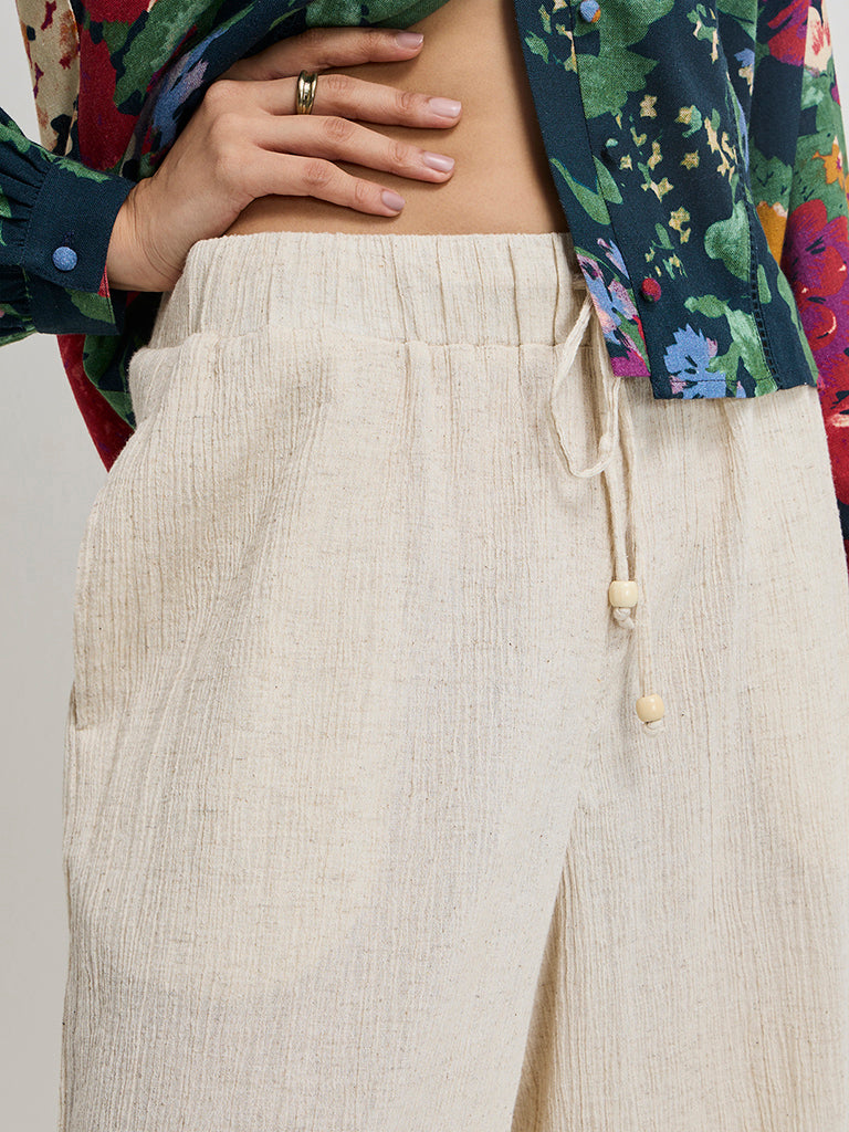 LOV Off-White Crinkle-Textured High-Rise Cotton-Blend Pants