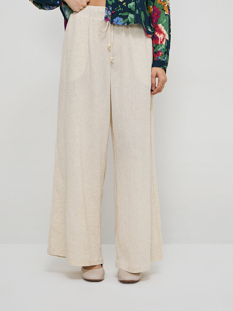 LOV Off-White Crinkle-Textured High-Rise Cotton-Blend Pants