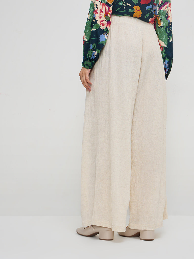 LOV Off-White Crinkle-Textured High-Rise Cotton-Blend Pants