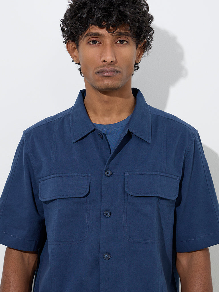 WES Casuals Navy Solid Relaxed-Fit Cotton Shirt