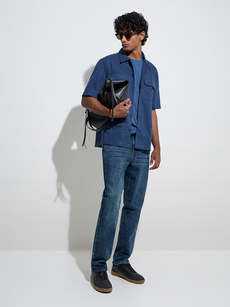 WES Casuals Navy Solid Relaxed-Fit Cotton Shirt