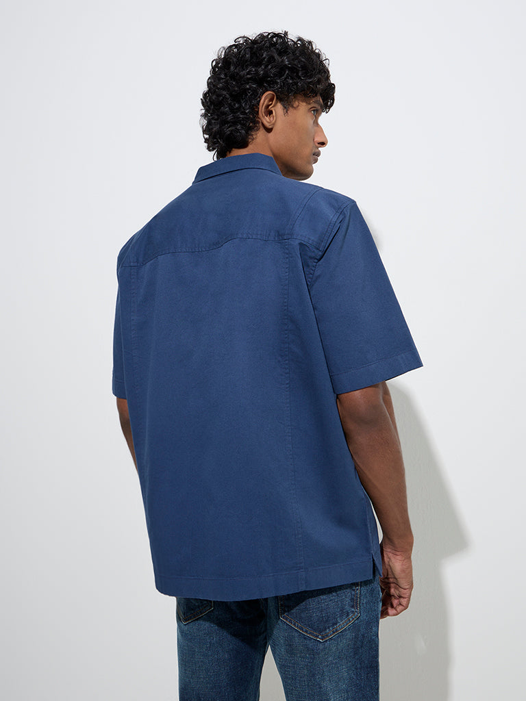WES Casuals Navy Solid Relaxed-Fit Cotton Shirt