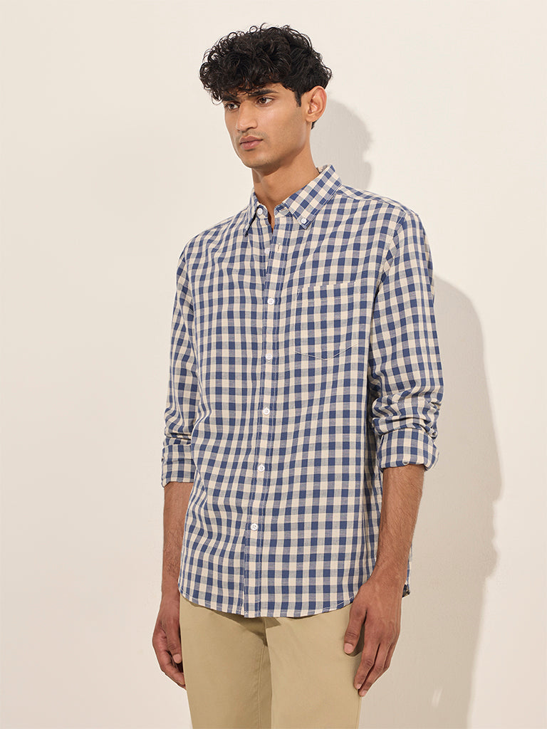 Westside WES Casuals Men's Navy Checks Print Relaxed-Fit Cotton Shirt for Casual Wear Front View