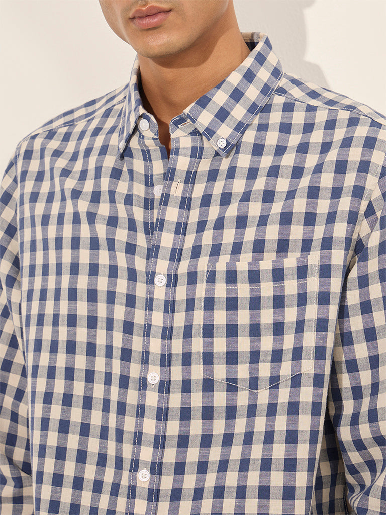 Westside WES Casuals Men's Navy Checks Print Relaxed-Fit Cotton Shirt for Casual Wear Zoomed View