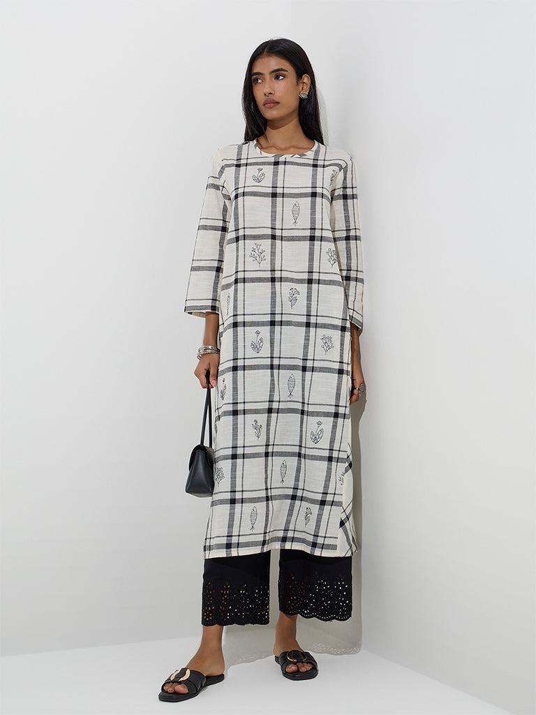 Utsa White Checkered Cotton A-Line Kurta
