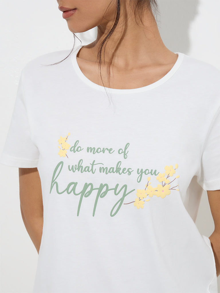 Wunderlove White Text Printed Cotton T-Shirt