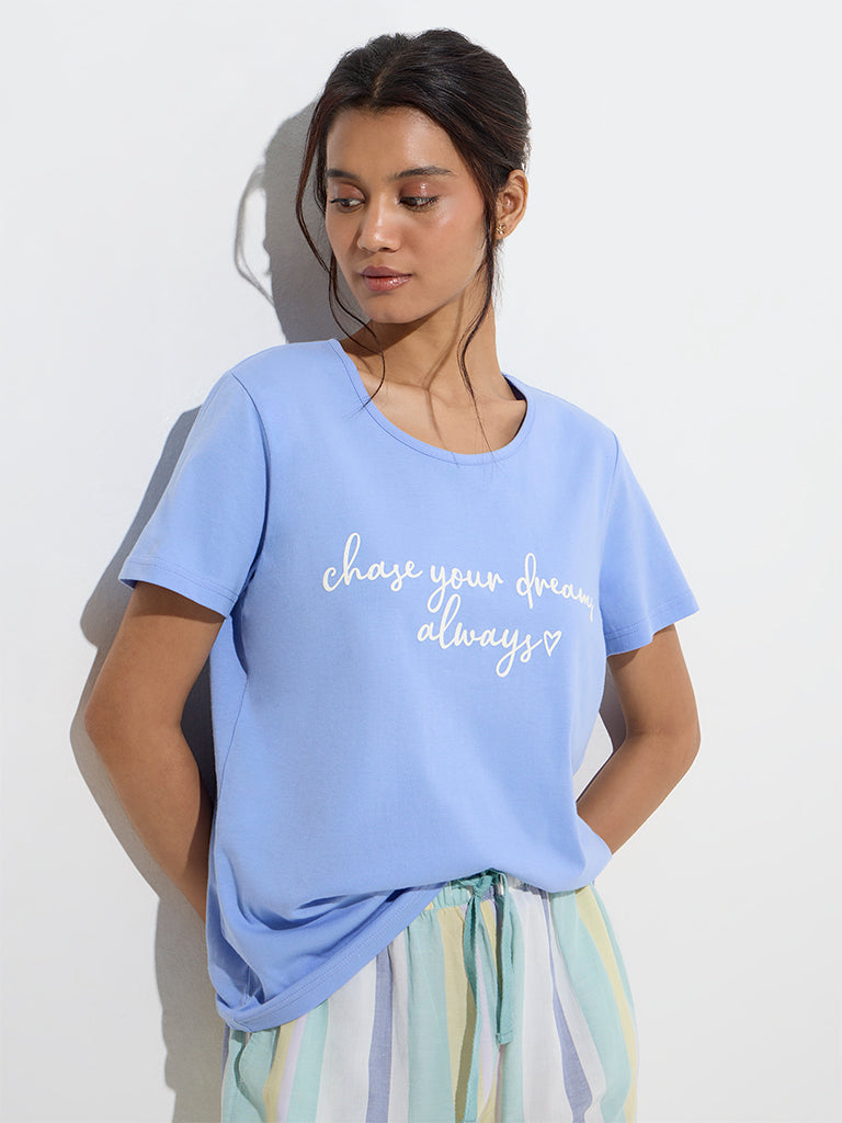 Wunderlove Blue Text Patterned Cotton T-Shirt