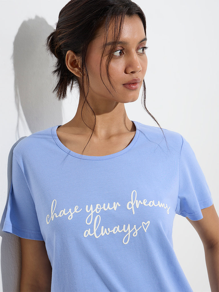Wunderlove Blue Text Patterned Cotton T-Shirt
