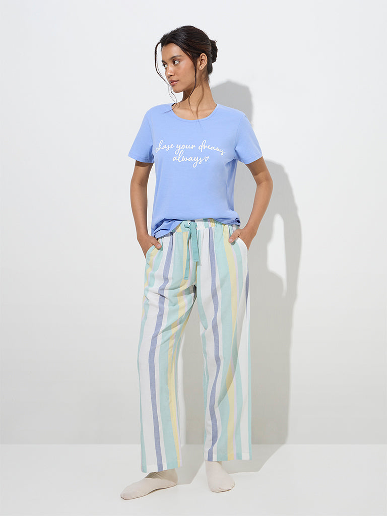Wunderlove Blue Text Patterned Cotton T-Shirt