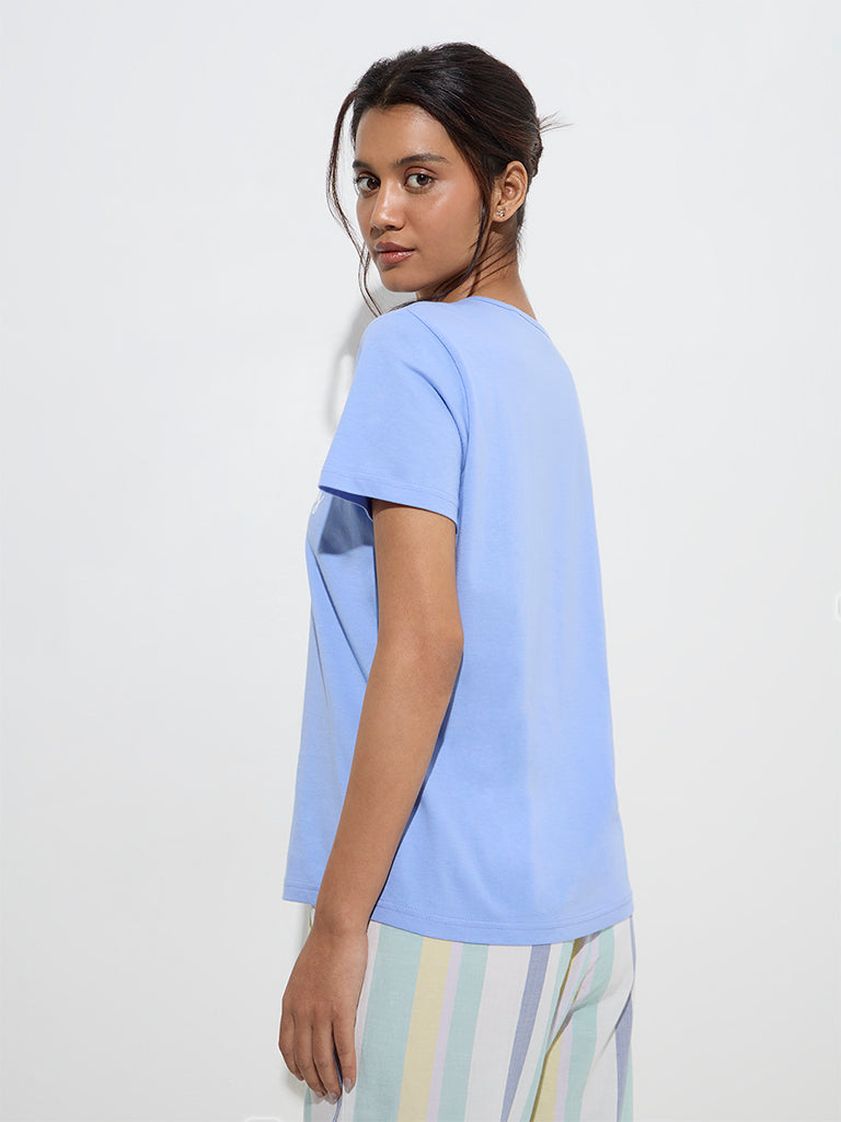 Wunderlove Blue Text Patterned Cotton T-Shirt
