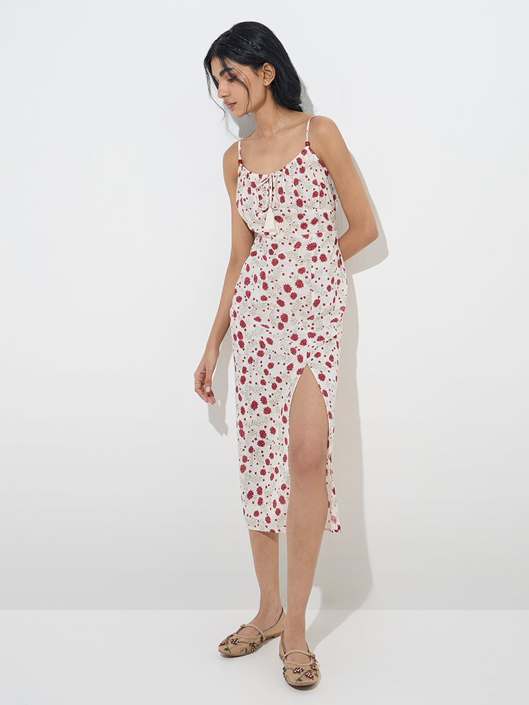 Bombay Paisley White Floral Print Cotton Empire-Line Dress