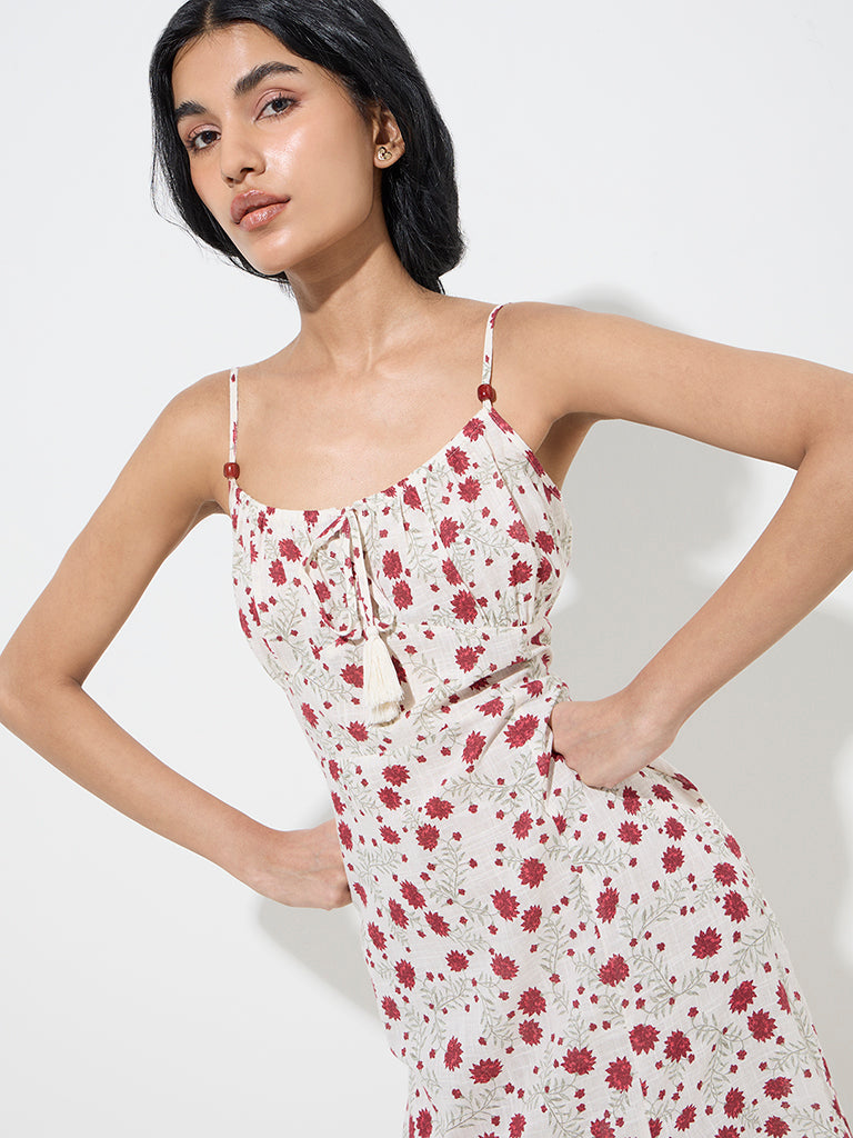 Bombay Paisley White Floral Print Cotton Empire-Line Dress