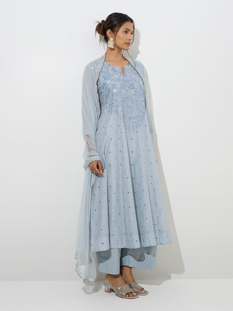 Vark Dusty Blue Cotton-Blend Fit-and-Flare Kurta, Pants and Dupatta Set