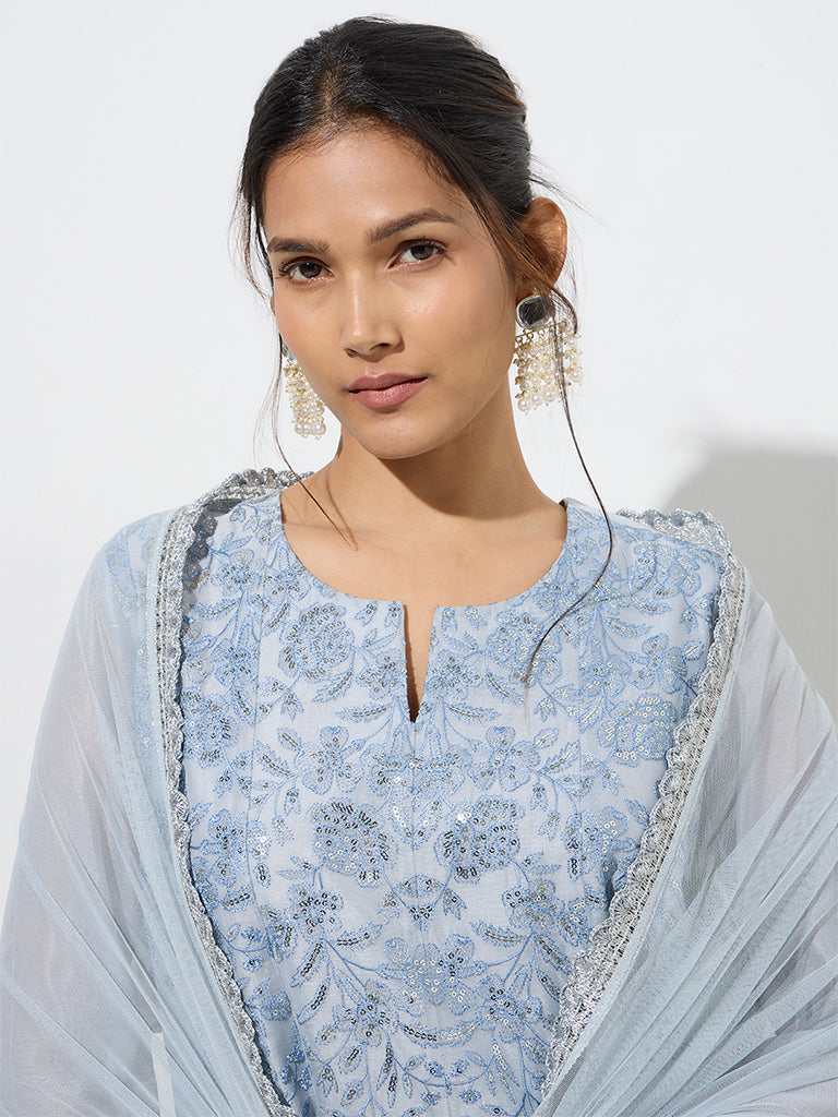 Vark Dusty Blue Cotton-Blend Fit-and-Flare Kurta, Pants and Dupatta Set