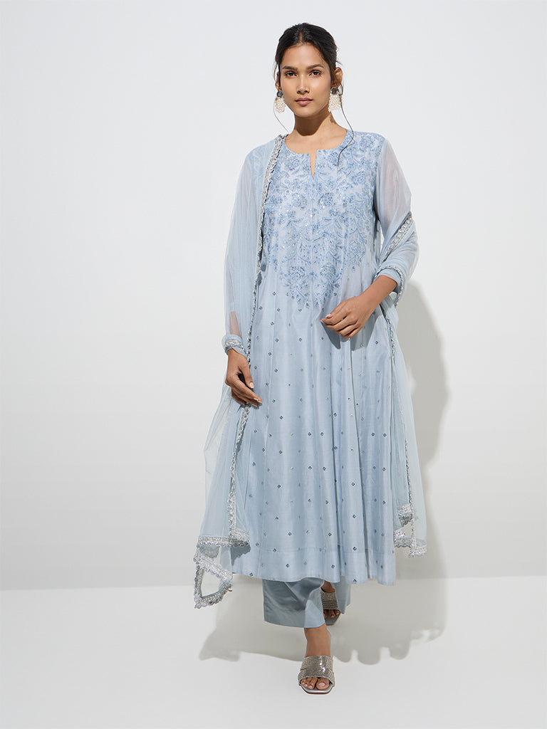 Vark Dusty Blue Cotton-Blend Fit-and-Flare Kurta, Pants and Dupatta Set
