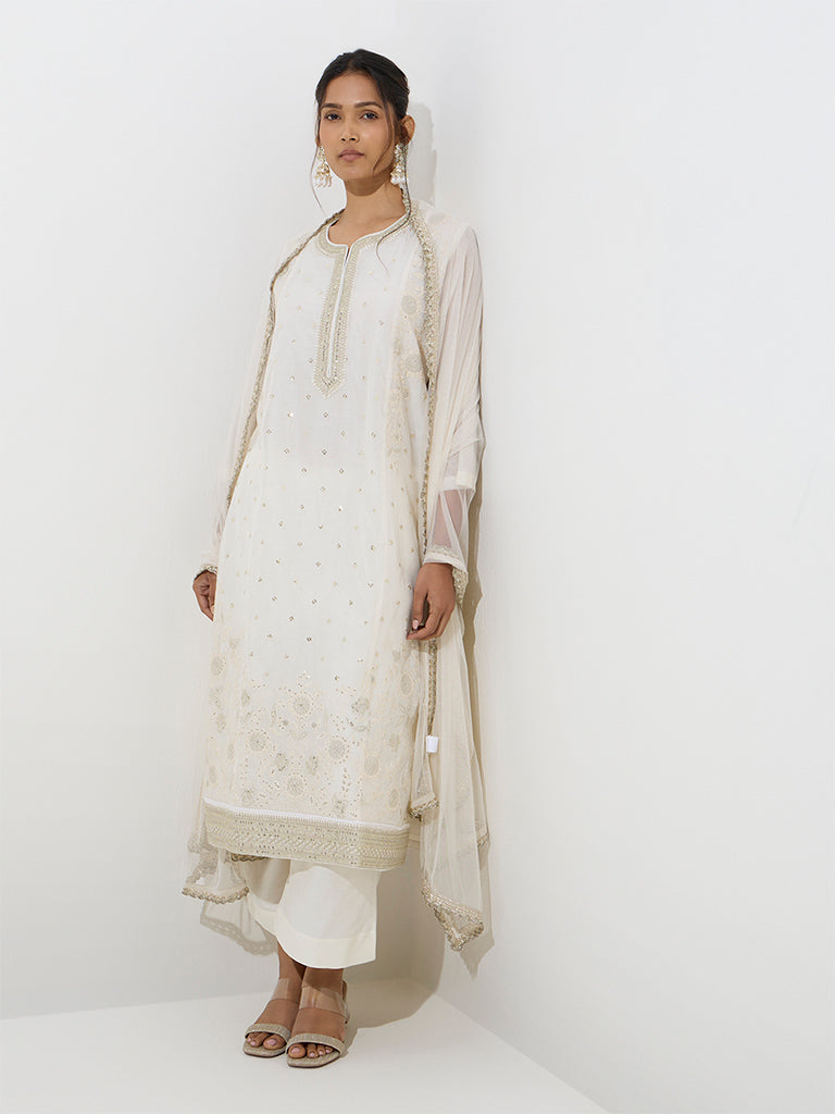 Vark Ivory Embroidered Straight Cotton-Blend Kurta, Pants and Dupatta Set