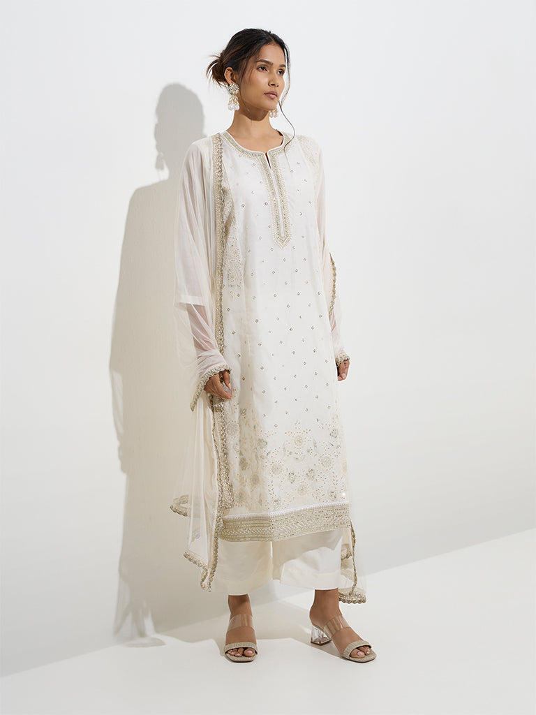 Vark Ivory Embroidered Straight Cotton-Blend Kurta, Pants and Dupatta Set